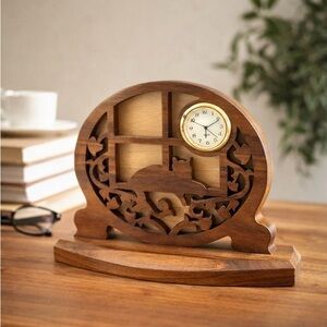 Hand Crafted Bob Schieck Cat Mantel Clock Wood Scroll Saw Desk Clock Working